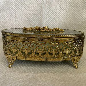 Matson Vintage Ormolu Jewelry Casket, roses, oval shape